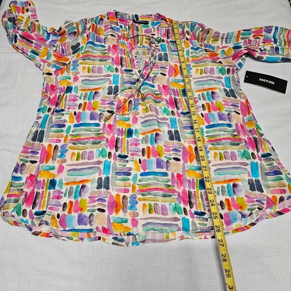 AP NY V Neck Hi-Lo Top Blouse Shirt Women Size M Colorful Cupro blend - Picture 12 of 15